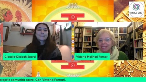 Vittoria e Claudia in collegamento video su uno sfondo dorato con un mandala