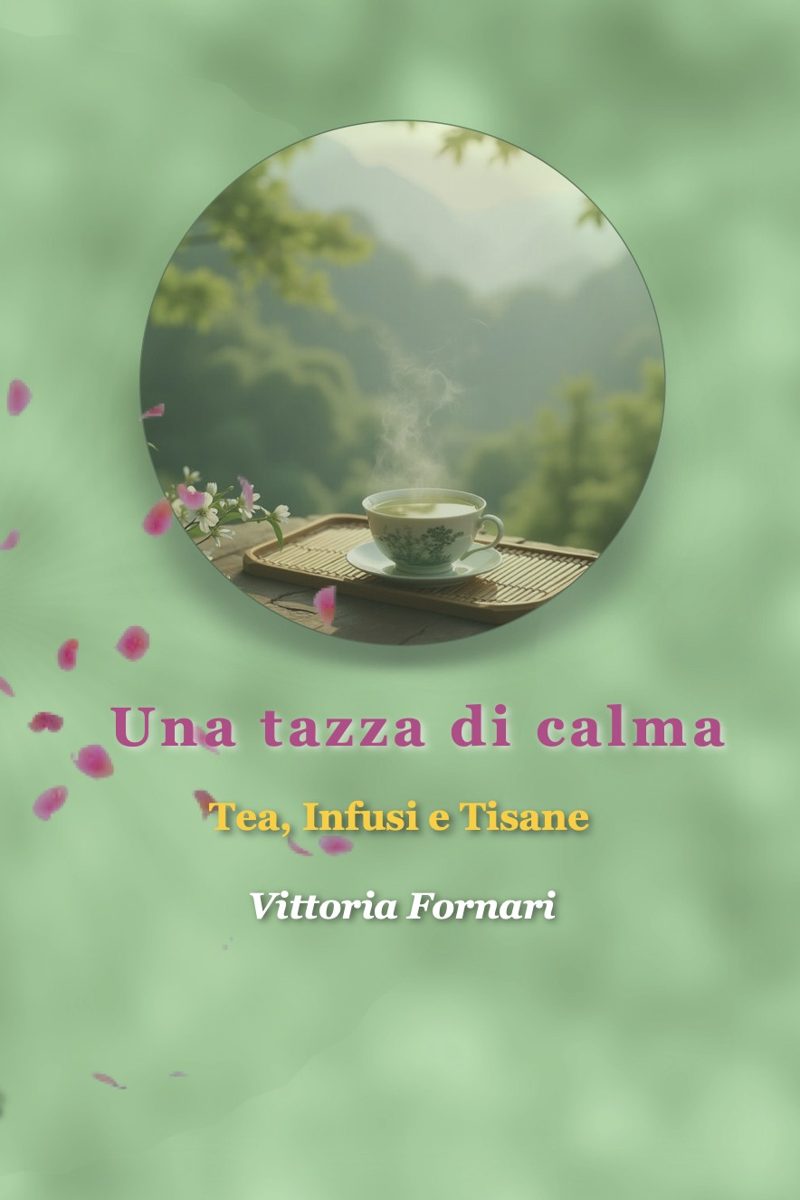 Copertina di Una Tazza di Calma: una tazza di tè fumante su un vassoio di bambù, incorniciata in un oblò rotondo che si apre su colline verdi nella foschia, con petali rosa che cadono, su fondo verde tenue